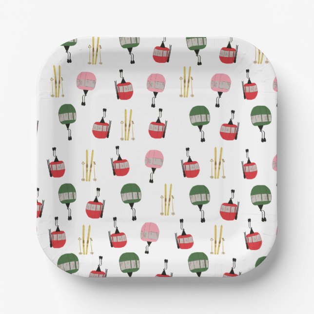 Plato De Papel Esquí Retro Blanco Lift Gondola (Anverso)