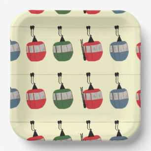 Plato De Papel Esquí Retro Winter Gondola Salto Esquiadores Crema