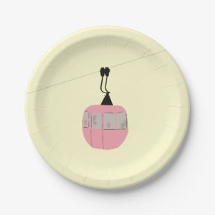Plato De Papel Esquí Rosa Retro Gondola Salto Esquiador