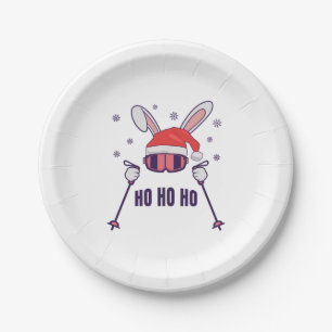 Plato De Papel Esquiando Santa Rabbit con Santa Hat y los postes 