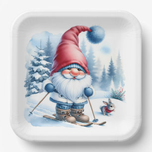 Plato De Papel Esquiar en invierno con conejito