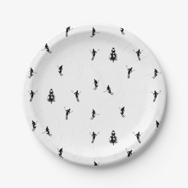 Plato De Papel Esquiar Moderno Esquiador de Esquí Blanco y Negro (Anverso)