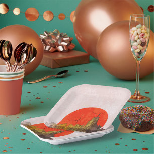 Plato De Papel Esquina urbana con paisaje de sol rojo