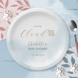 Plato De Papel Estamos en Cloud 9 Elegant Script Blue Baby Shower