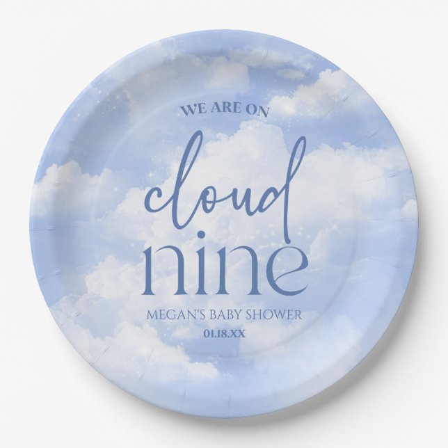 Plato De Papel Estamos En Cloud Nueve Blue Baby Shower (Anverso)