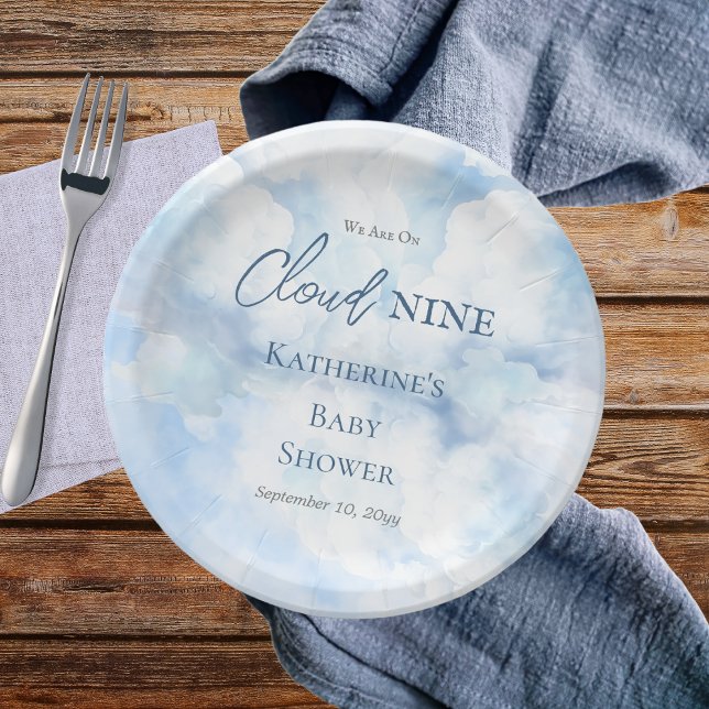 Plato De Papel Estamos En El Nueve Baby Shower De Blue Boy ("We Are On Cloud Nine"  Blue Boy Baby Shower Paper Plates)