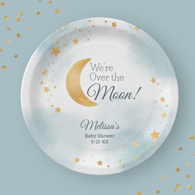 Plato De Papel Estamos sobre la Luna Azul Fiesta de Bebé (We're Over the Moon Blue Baby Shower Paper Plates)