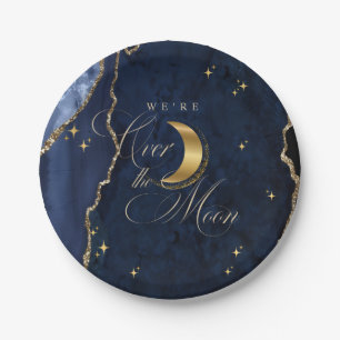 Plato De Papel Estamos sobre la Luna Estrellas Doradas Azul Fiest