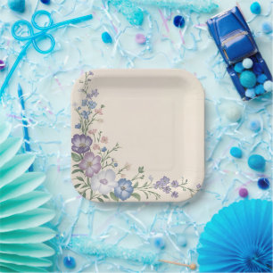 Plato De Papel Estampa floral botánica de color morado pastel, bl