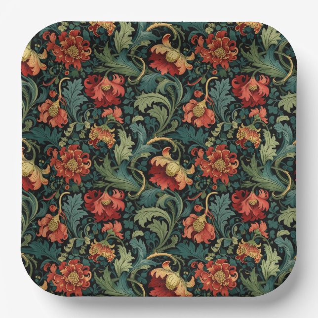 Plato De Papel Estampa floral roja de William Morris (Anverso)