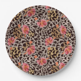 Plato De Papel Estampado Animal Leopardo y Flores Rosadas