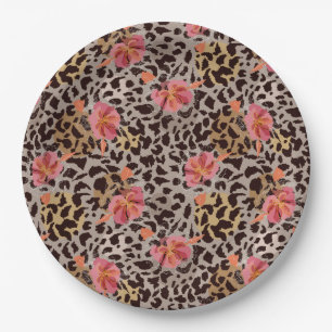 Plato De Papel Estampado Animal Leopardo y Flores Rosadas