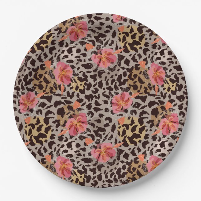 Plato De Papel Estampado Animal Leopardo y Flores Rosadas (Anverso)