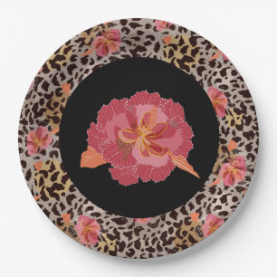Plato De Papel Estampado Animal Leopardo y Flores Rosadas sobre N