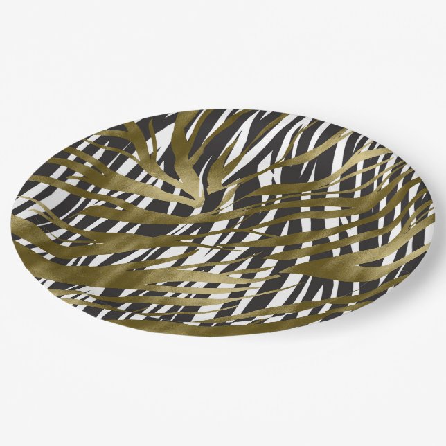 Plato De Papel Estampado cebra negro y dorado Safari Chic Glamour (Angular)
