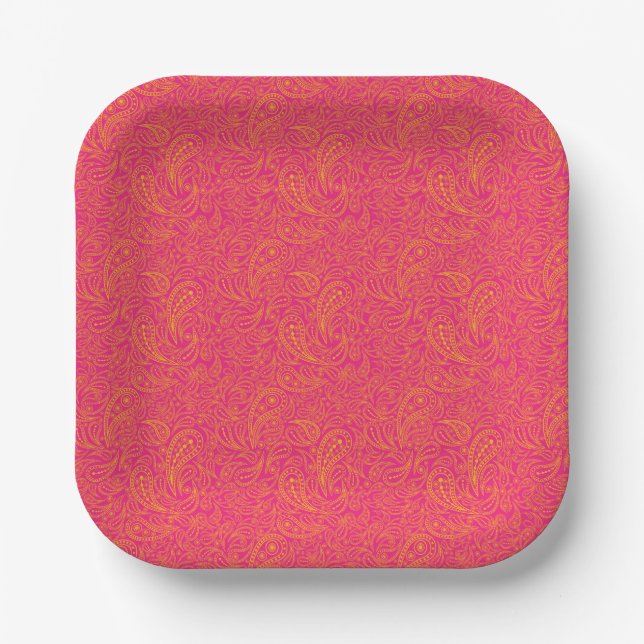 Plato De Papel Estampado de cachemira amarillo rosa (Anverso)