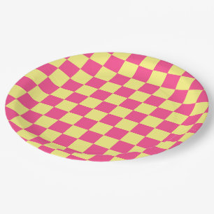 Plato De Papel Estampado de cuadros rosas y amarillos