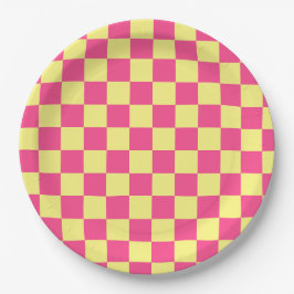 Plato De Papel Estampado de cuadros rosas y amarillos