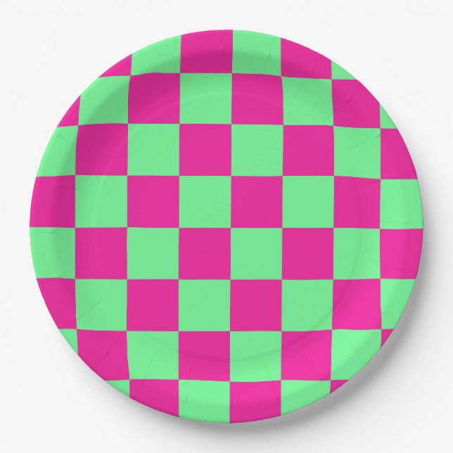 Plato De Papel Estampado de cuadros rosas y verdes (Anverso)