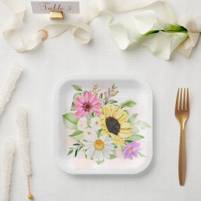 Plato De Papel Estampado de flores  (Boda)