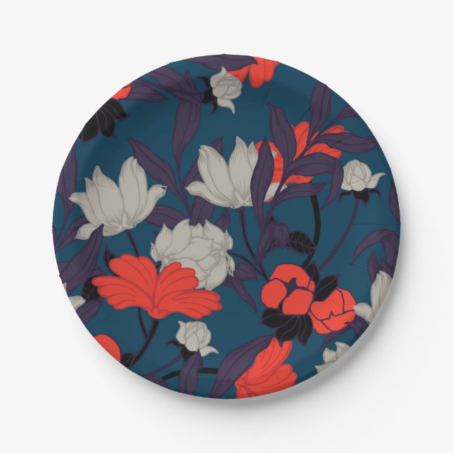 Plato De Papel Estampado de flores azul y rojo elegante (Anverso)