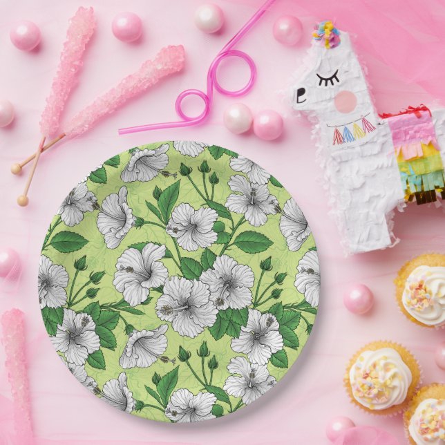 Plato De Papel Estampado floral tropical de Hibisco blanco (Fiesta)