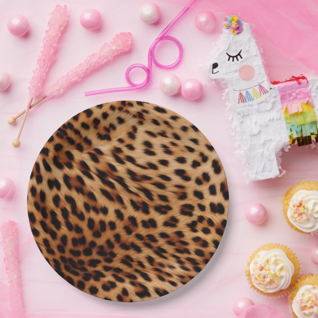 Plato De Papel Estampado leopardo marrón crema (Fiesta)