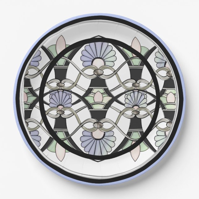 Plato De Papel Estanques Art Nouveau Pastel, Lilies y Arcos Negro (Anverso)