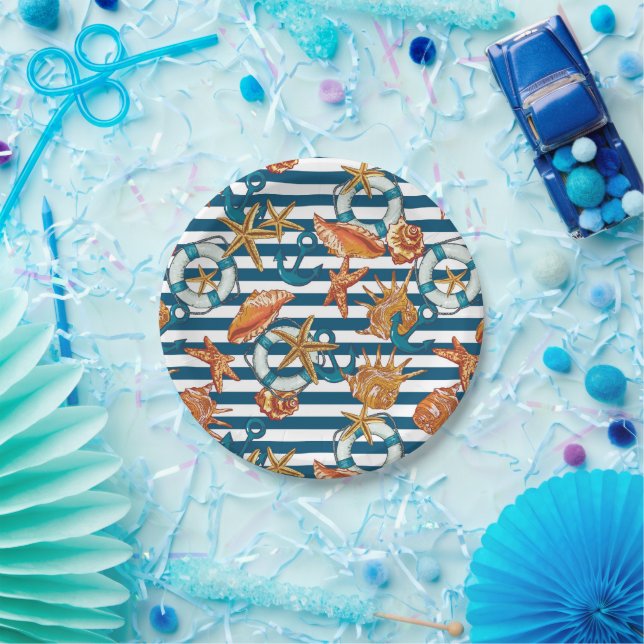 Plato De Papel Estanques De Mar Y Patrón De Ancla (Fiesta)