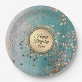 Plato De Papel Estardo Purpurinoso sobre el Verde azulado azul