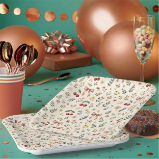 Plato De Papel Estética Coquette Rojo Cereza y Lazo Rosa Patt