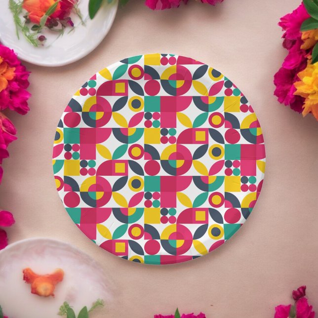 Plato De Papel Estilo Bauhaus fiesta (retro color theme,birthday,wedding,baby shower,special occasion event paper plate party supplies)