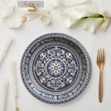 Plato de papel estilo cerámica vidriada en azul ma