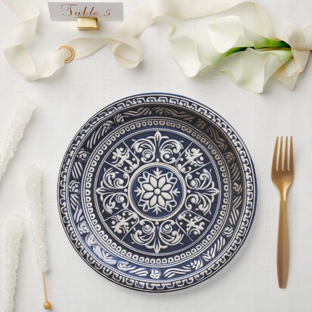 Plato de papel estilo cerámica vidriada en azul ma (Boda)