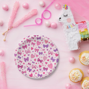 Plato De Papel Estilo Coquette Rosa Morado Lazo y Corazón Patrón