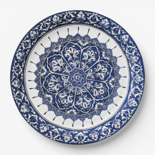 Plato De Papel Estilo de cerámica española azul y blanca