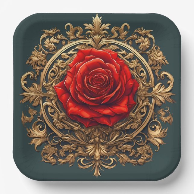 Plato De Papel 🌸 Estilo de fiesta elegante Rosa Barroca (Anverso)