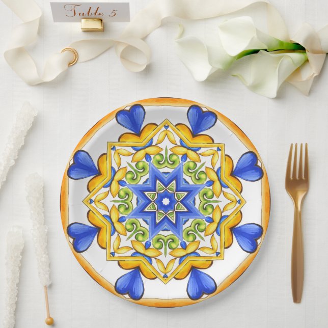 Plato De Papel Estilo italiano, azulejos,majolica Impresión todo- (Boda)