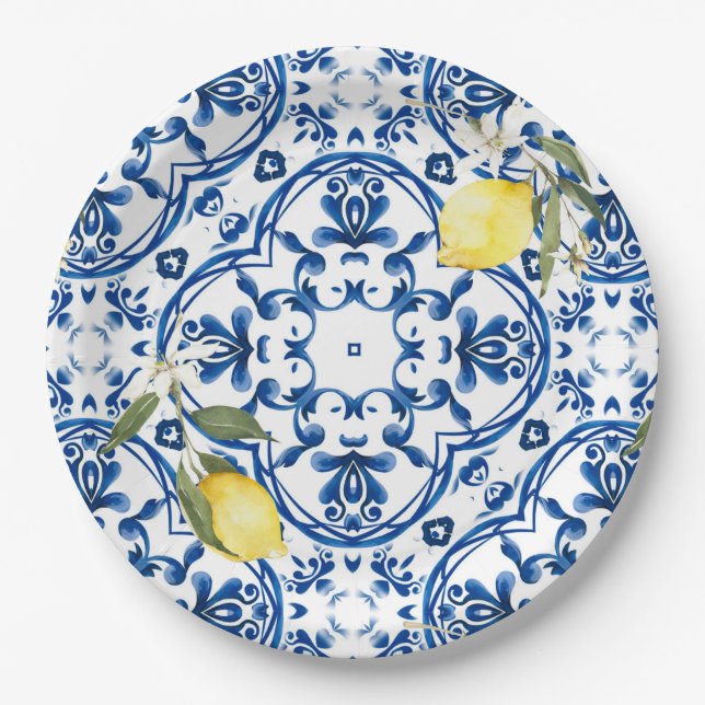 Plato De Papel estilo italiano, mediterráneo, majólica, limón, (Anverso)