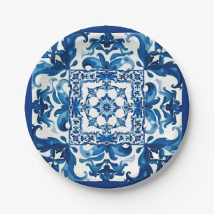 Plato De Papel estilo italiano, mediterráneo, mosaico, azul,