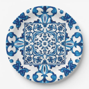 Plato De Papel estilo italiano, mediterráneo, mosaico, azul,