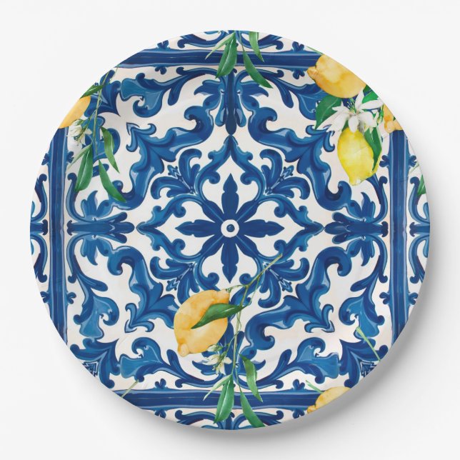 Plato De Papel estilo italiano, mediterráneo, mosaico, azul, (Anverso)