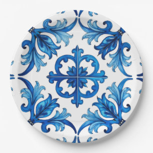Plato De Papel estilo italiano, mediterráneo, mosaico, azul,