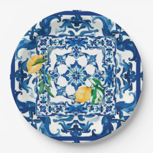 Plato De Papel estilo italiano, mediterráneo, mosaico, azul,