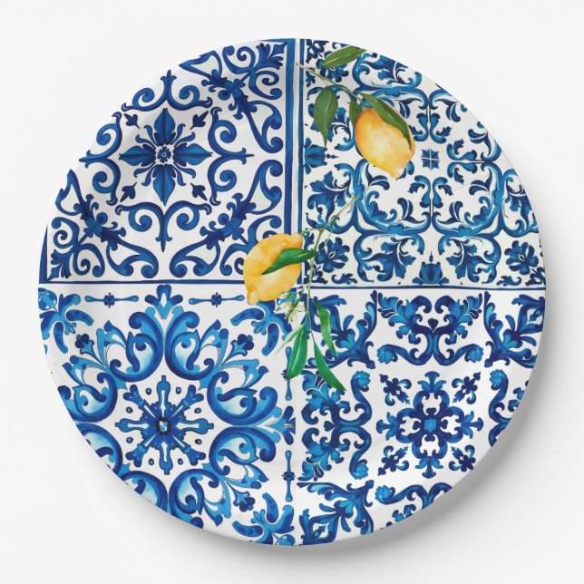Plato De Papel estilo italiano, mediterráneo, mosaico, azul, limó (Anverso)
