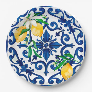 Plato De Papel estilo italiano, mosaico, azul, limón,