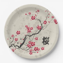 Plato De Papel Estilo oriental Sakura Cherry Blossom Art