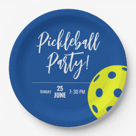 Plato De Papel Estilo Retro Neon Blue Tema Pickleball Cumpleaños
