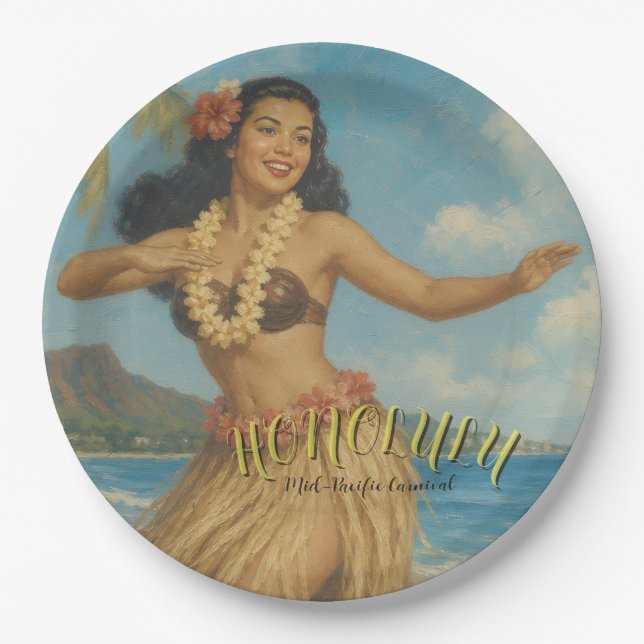 Plato De Papel Estilo Vintage Viaje a Hawaii (Anverso)