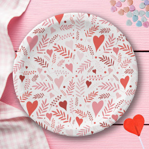 Plato De Papel Estiloso patrón de corazón rojo rosado Valentine